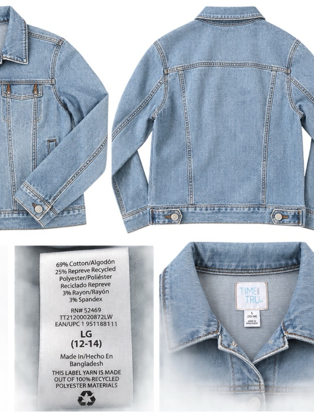 Time and Tru Women’s Light Wash Denim Jean Jacket Size L 12-14 Classic Trucker